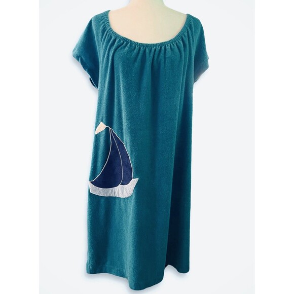 Vintage Terry Cloth Beach Cover Moo-Moo Dress Teal Sailboat Women’s Large USA - Picture 1 of 7